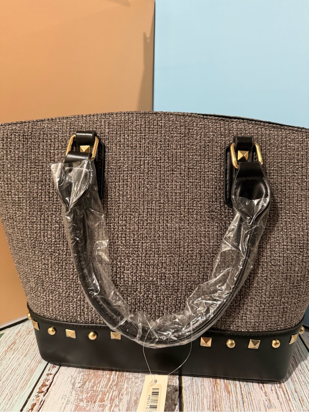 Gray Tweed Tote with Black Trim and Gold Stud Accents